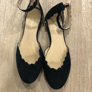 Saks Fifth Avenue black flats with scalloped ankle strap